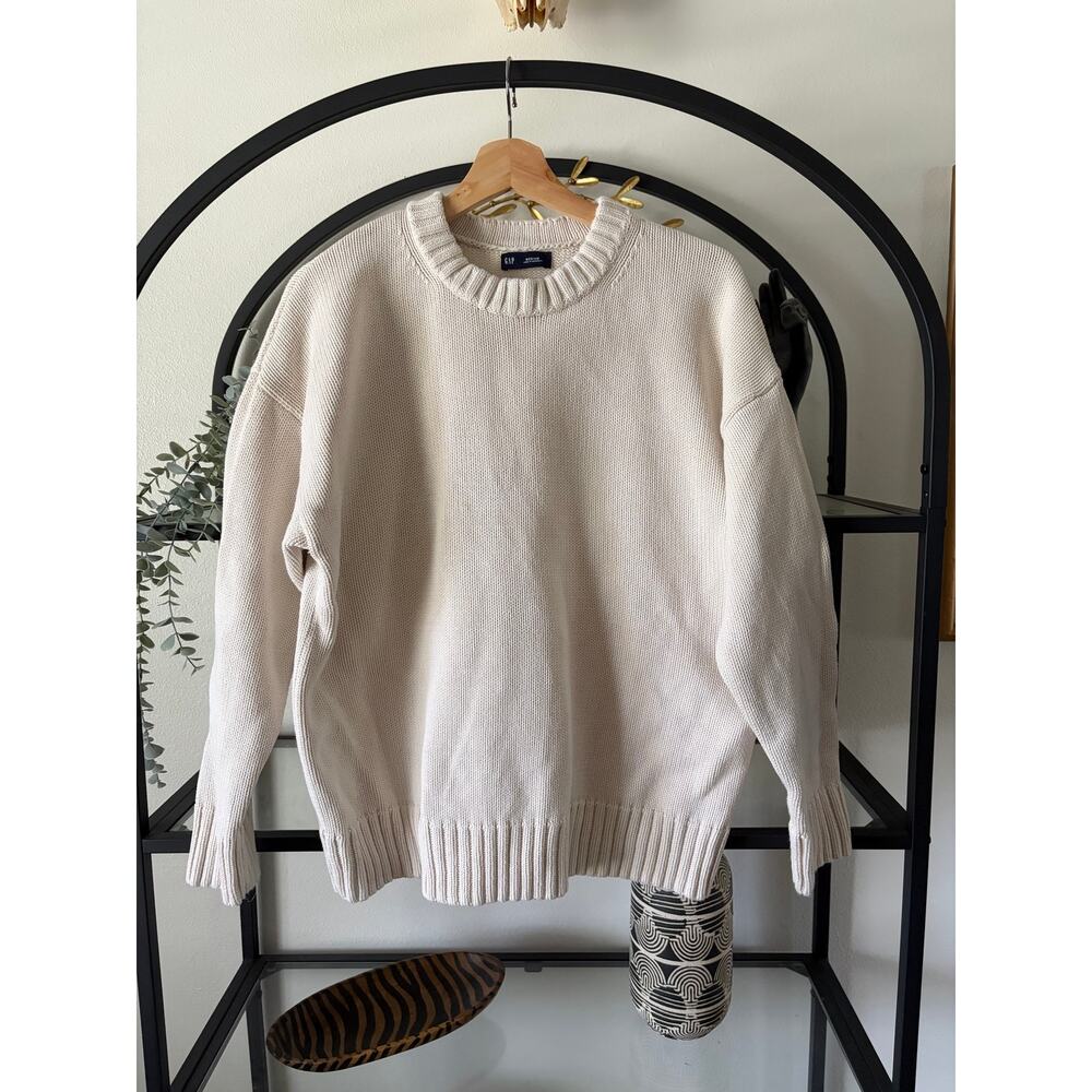 Gap Womens Medium Cream Chunky Knit Crewneck Sweater Cotton Relaxed Cozy